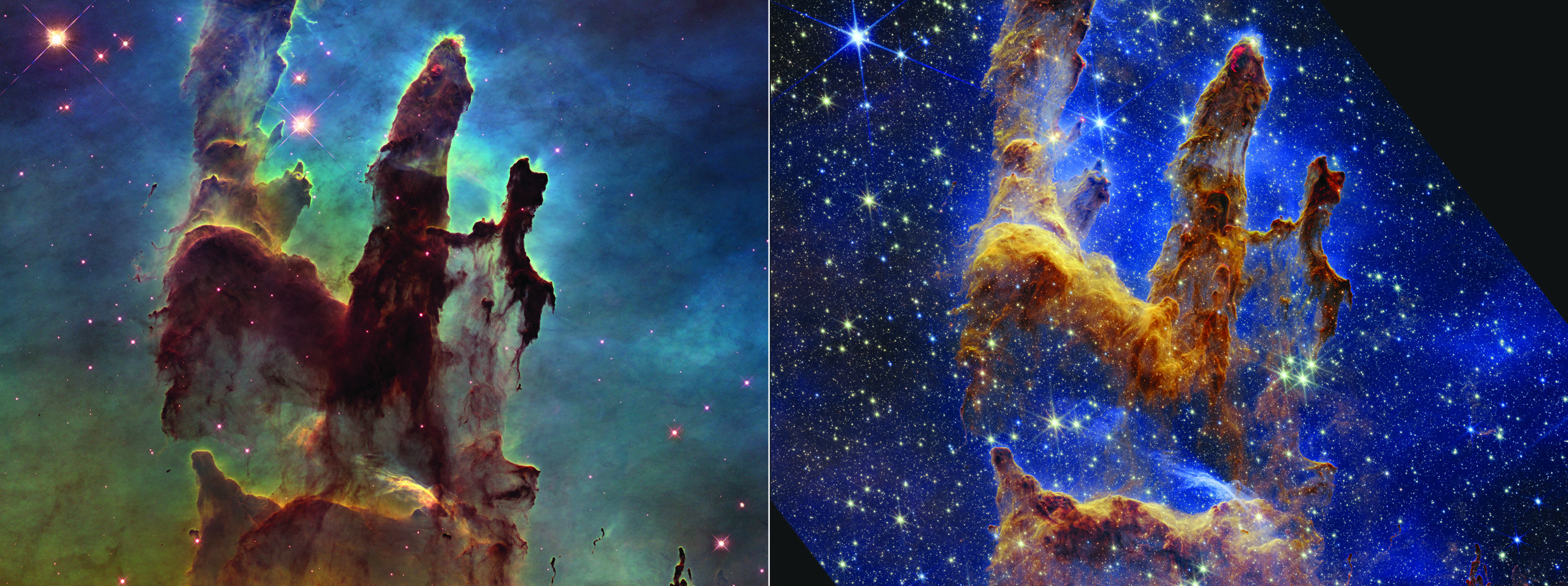 Registro da nebulosa Águia pelos telescópios Hubble (esquerda) e James Webb (direita)