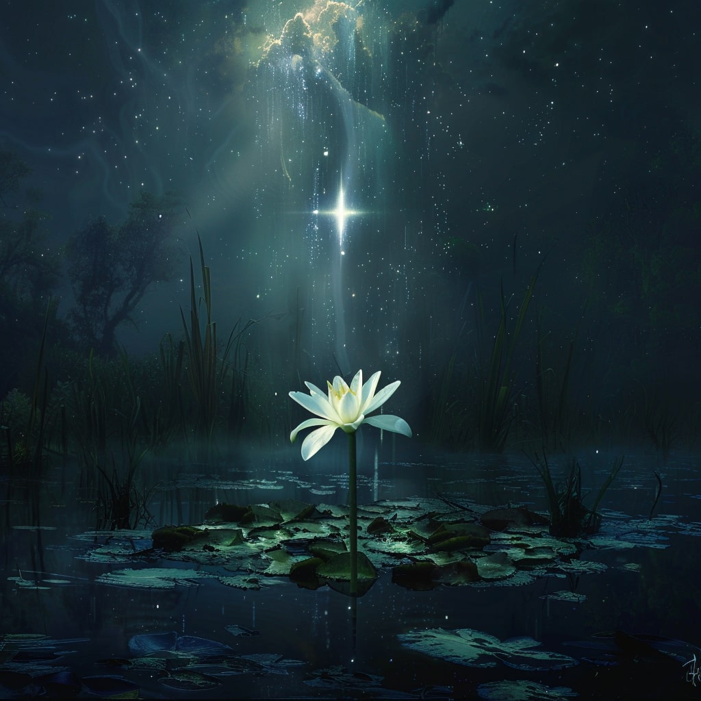 Uma flor de lotus branca cresce em direção às estrelas