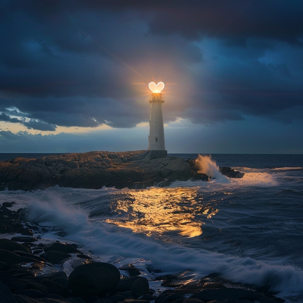 Um farol irradia amor em meio a um mar revolto