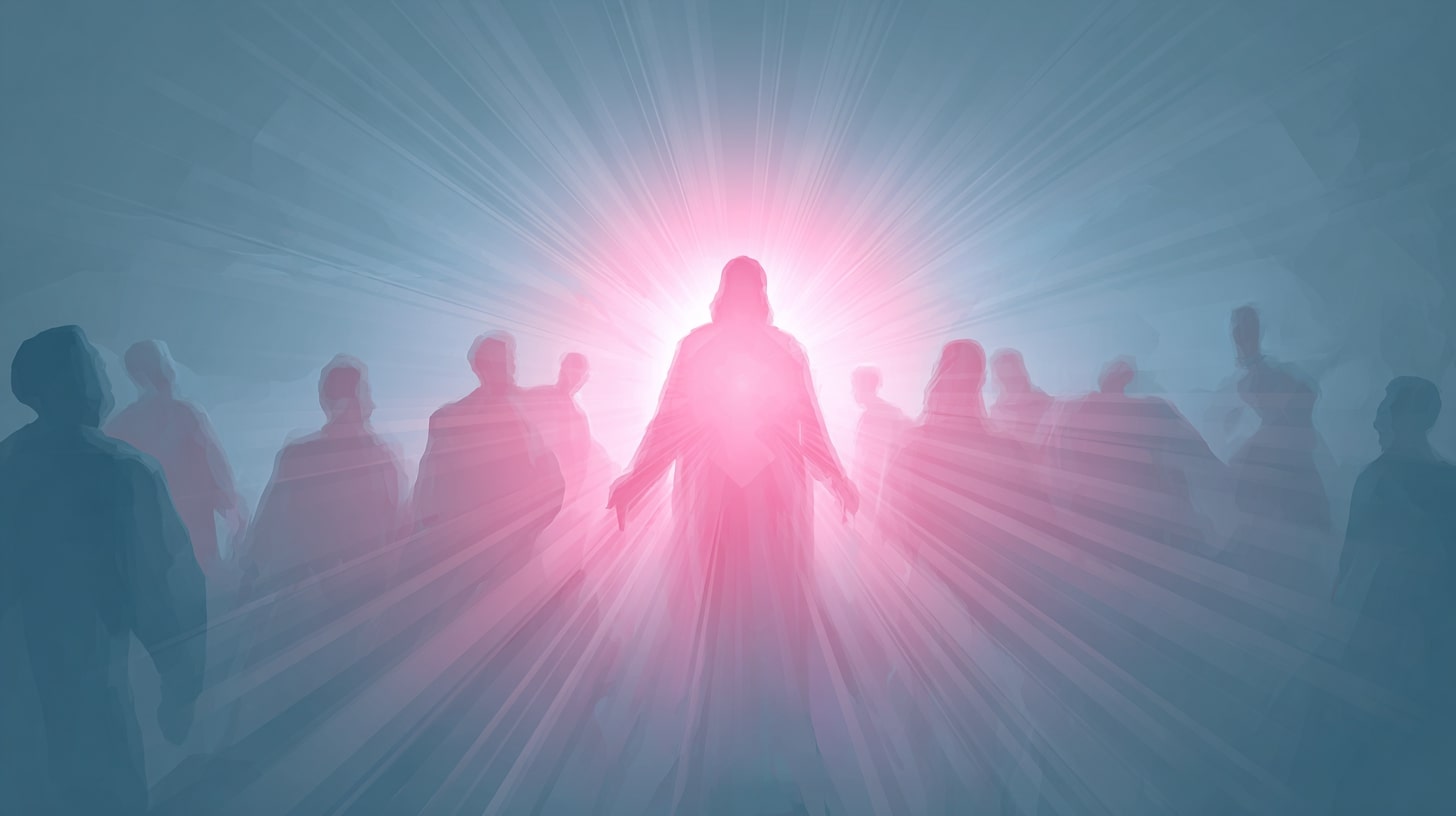 Silhueta de Jesus irradia uma luz rosa para as pessoas que o cercam