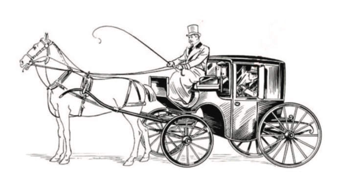 Ilustração da alegoria da carruagem com cavalo, cocheiro e passageiro