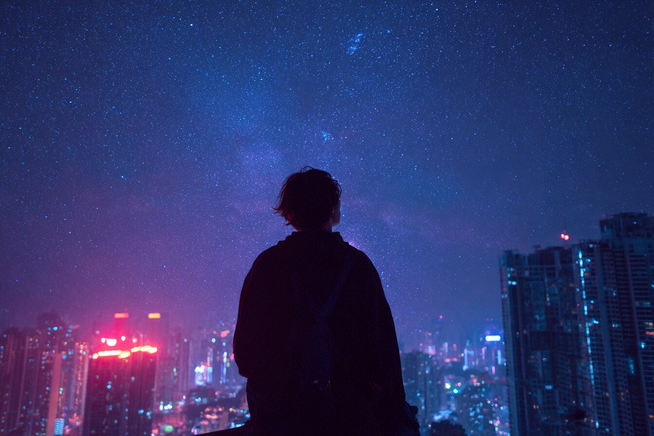 Farol iluminando o horizonte ao entardecer, simbolizando a busca por direção espiritual