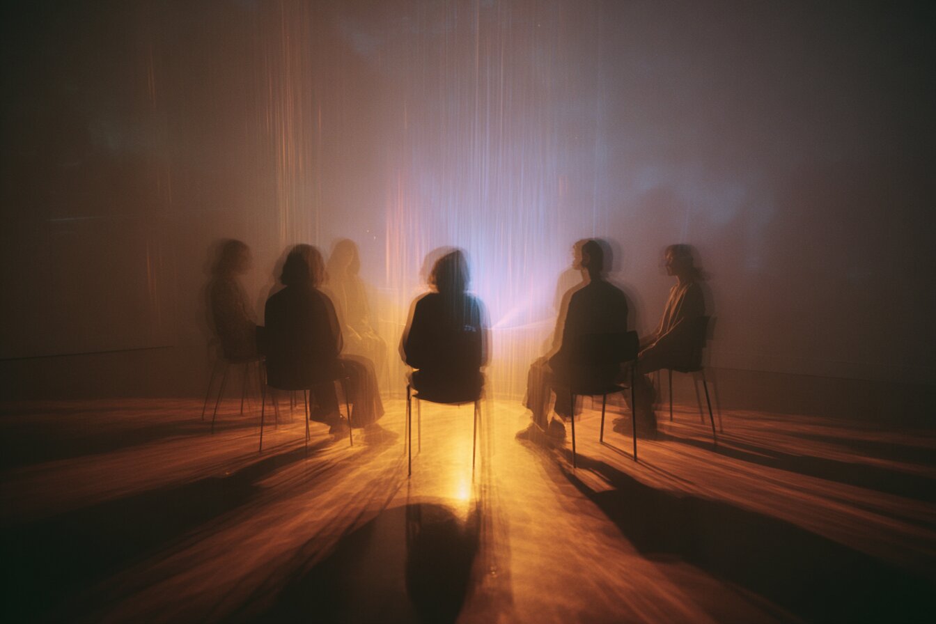 Trabalhadores reunidos em ambiente de oração e preparação para atividade mediúnica de desobsessão