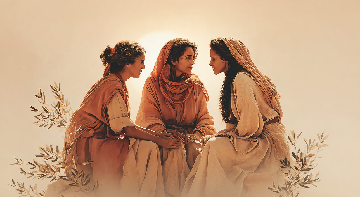 Representação inspirada em mulheres do Evangelho, simbolizando a jornada espiritual da alma